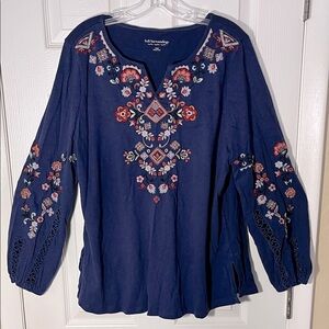 Soft Surroundings boho embroidered floral pullover top lace crochet long slv L